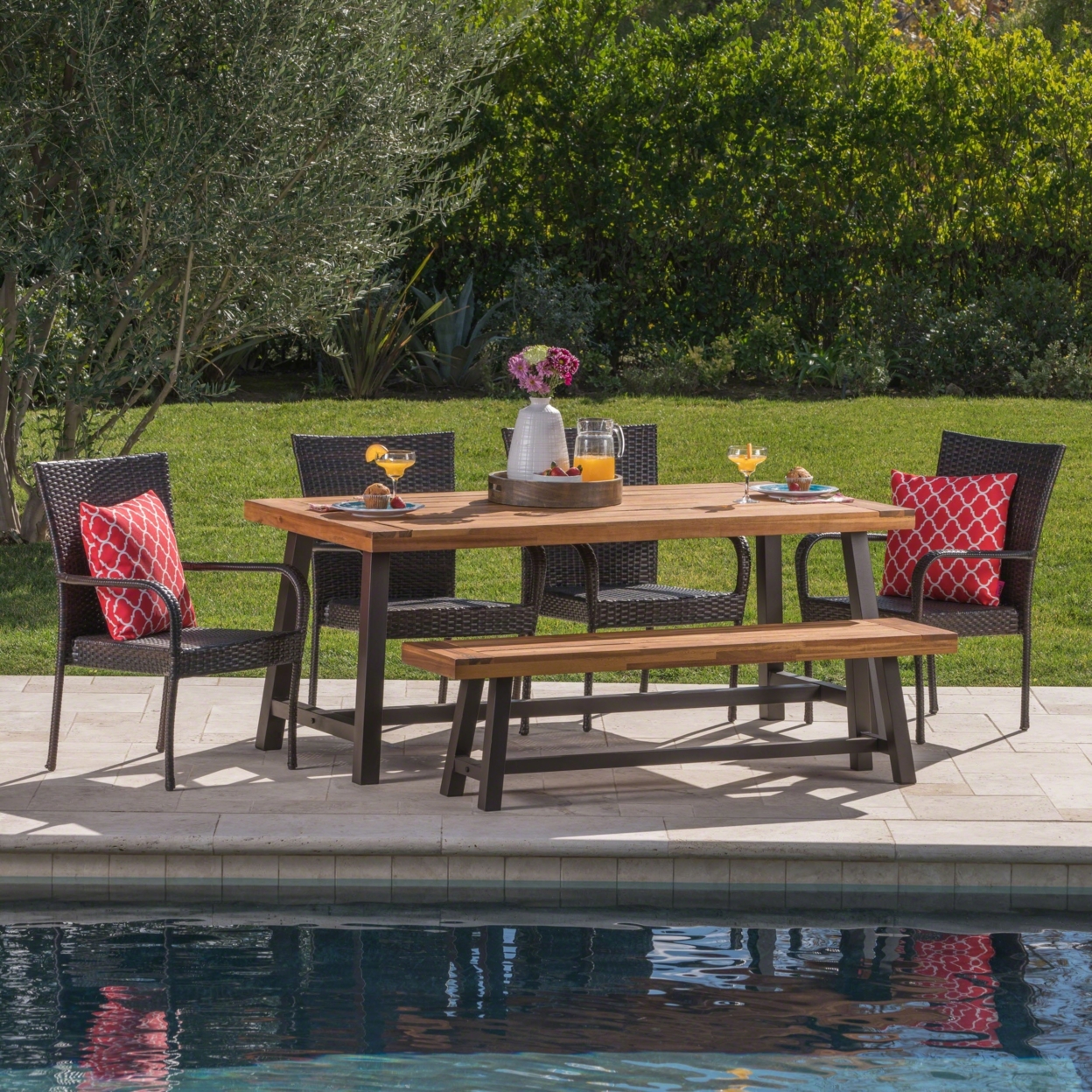 Carol Outdoor 6 Piece Iron And Acacia Wood Dining Set With Wicker Stacking Chairs