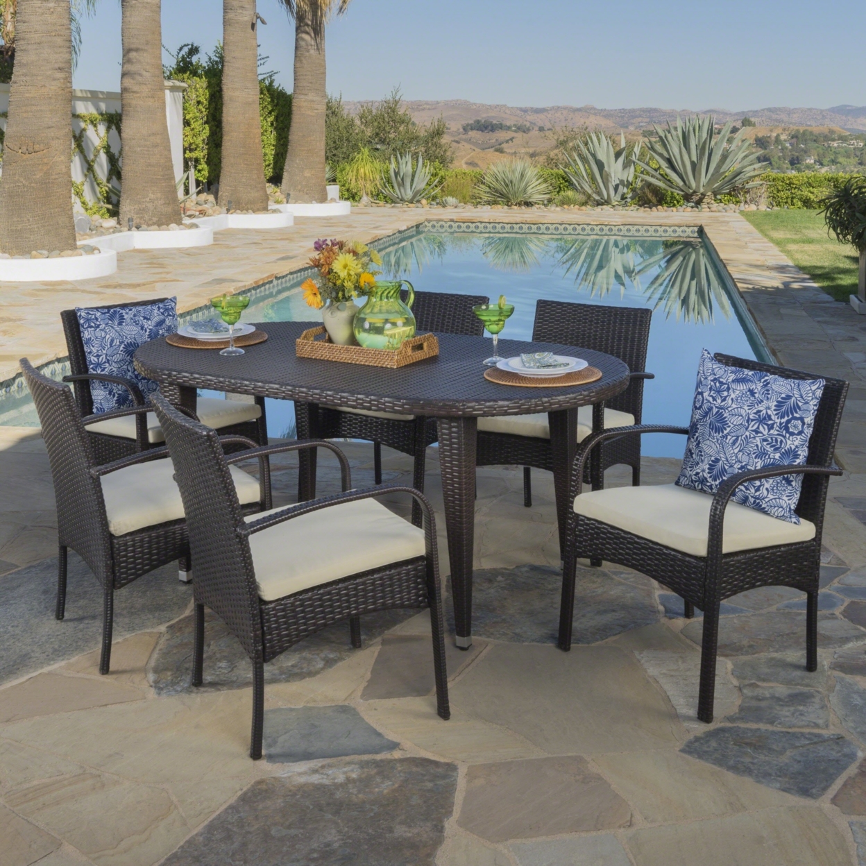 Carpenter Outdoor 7 Piece Multi-brown Wicker Dining Set With CrÌ¬me Cushions