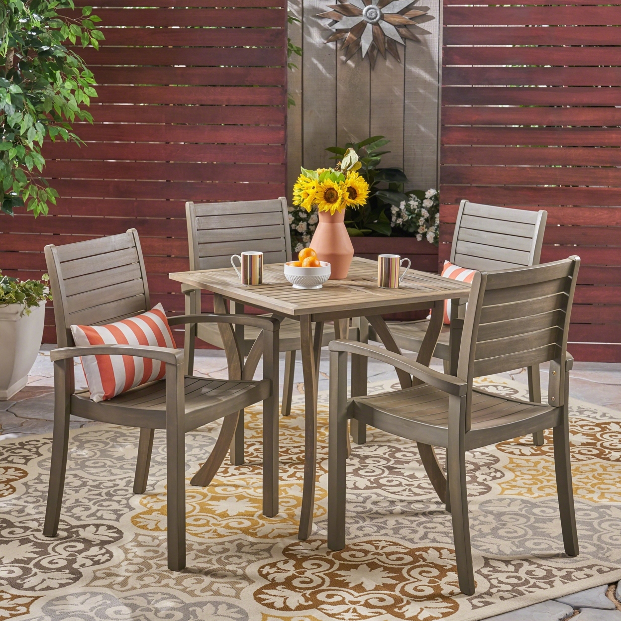 Carr Outdoor 4-Seater Square Acacia Wood Dining Set, Gray Finish