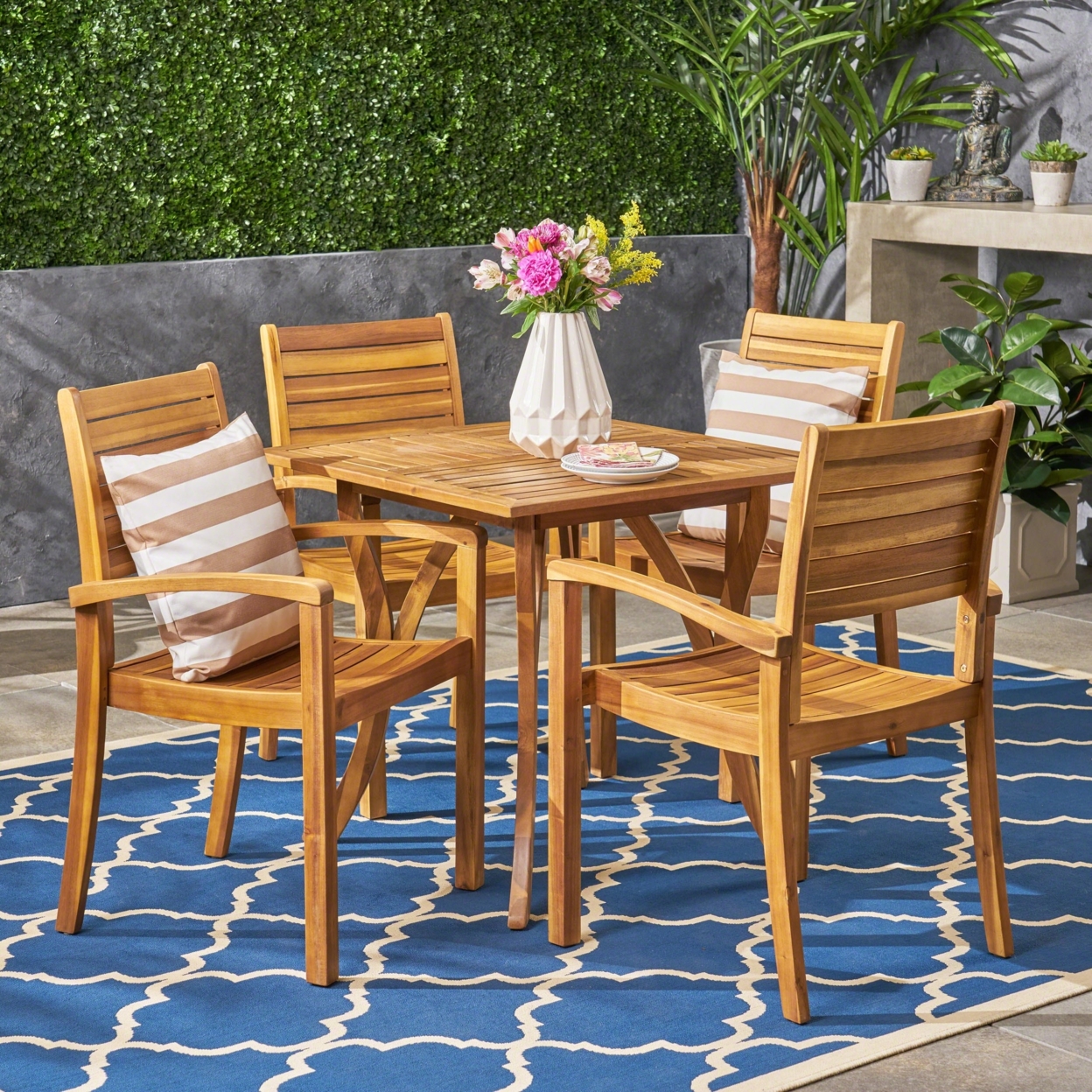 Carr Outdoor 4-Seater Square Acacia Wood Dining Set, Teak Finish