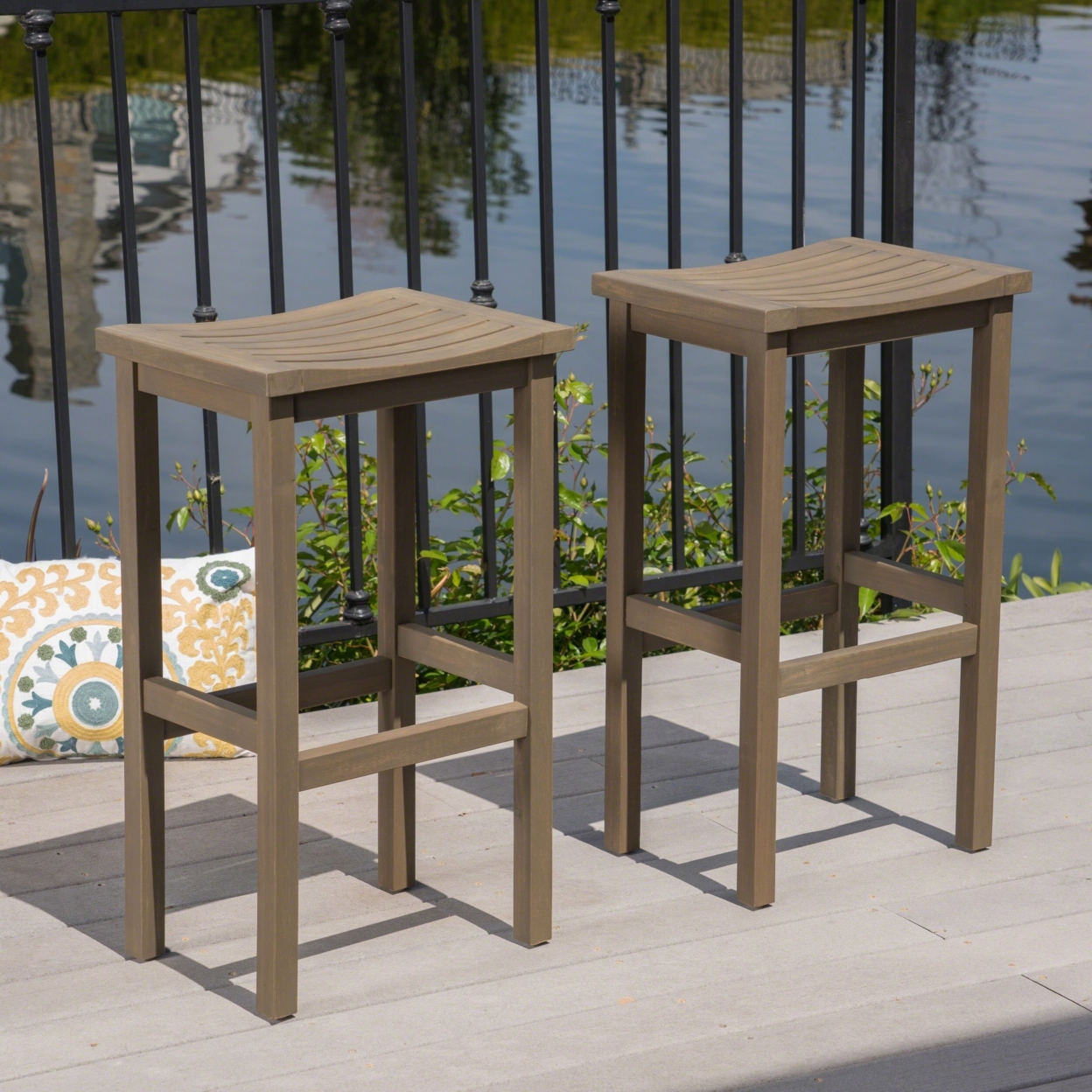 Cassie Outdoor 30 Inch Acacia Wood Barstools - Gray, Set Of 2