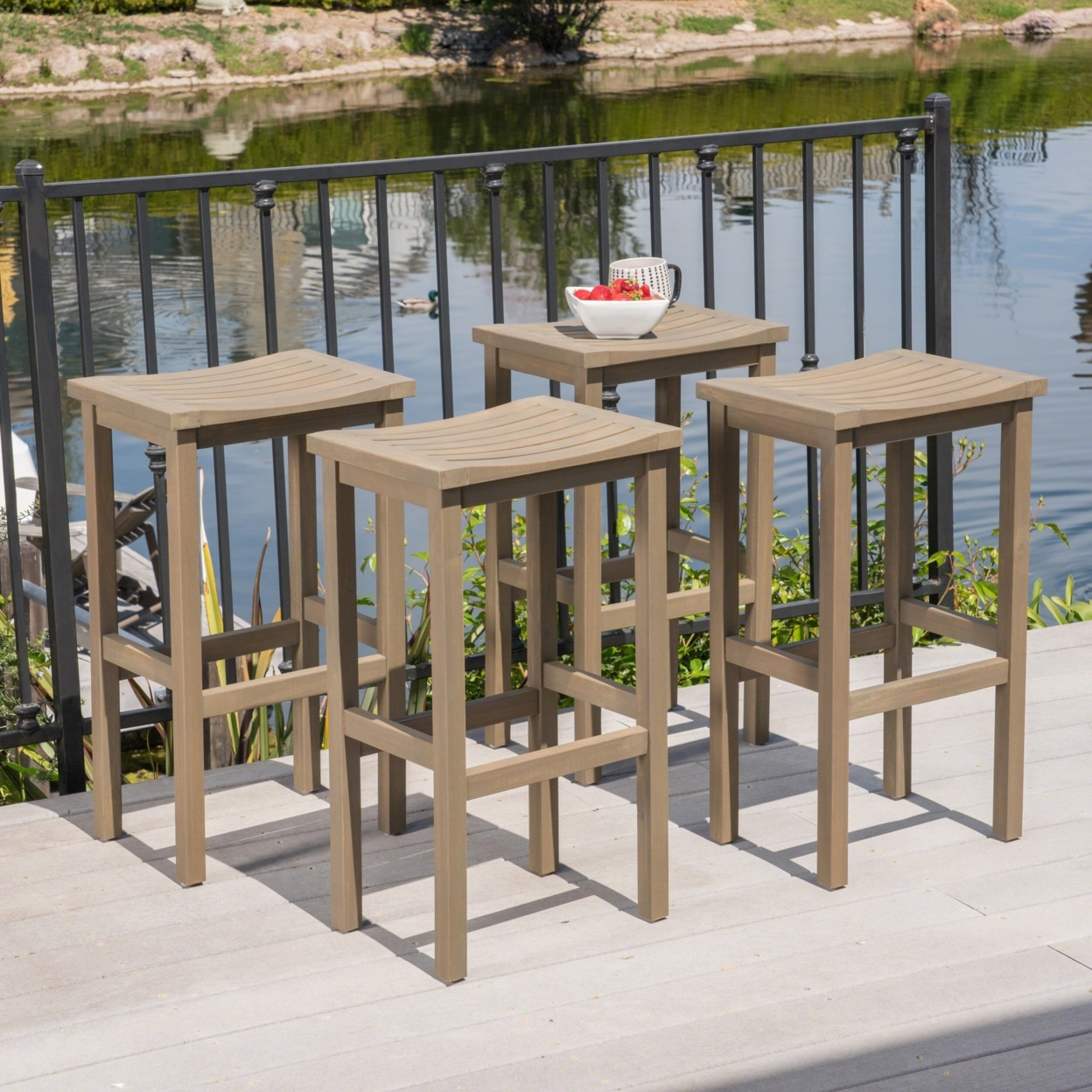 Cassie Outdoor 30 Inch Acacia Wood Barstools - Gray, Set Of 4