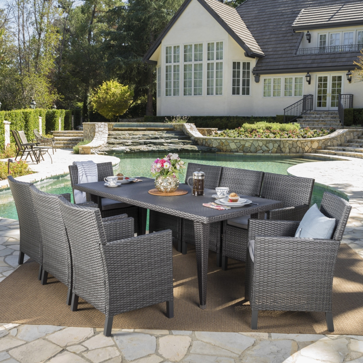 Cerrenne Outdoor 9 Piece Wicker Dining Set With Water Resistant Cushions - Multi-brown/Light Brown