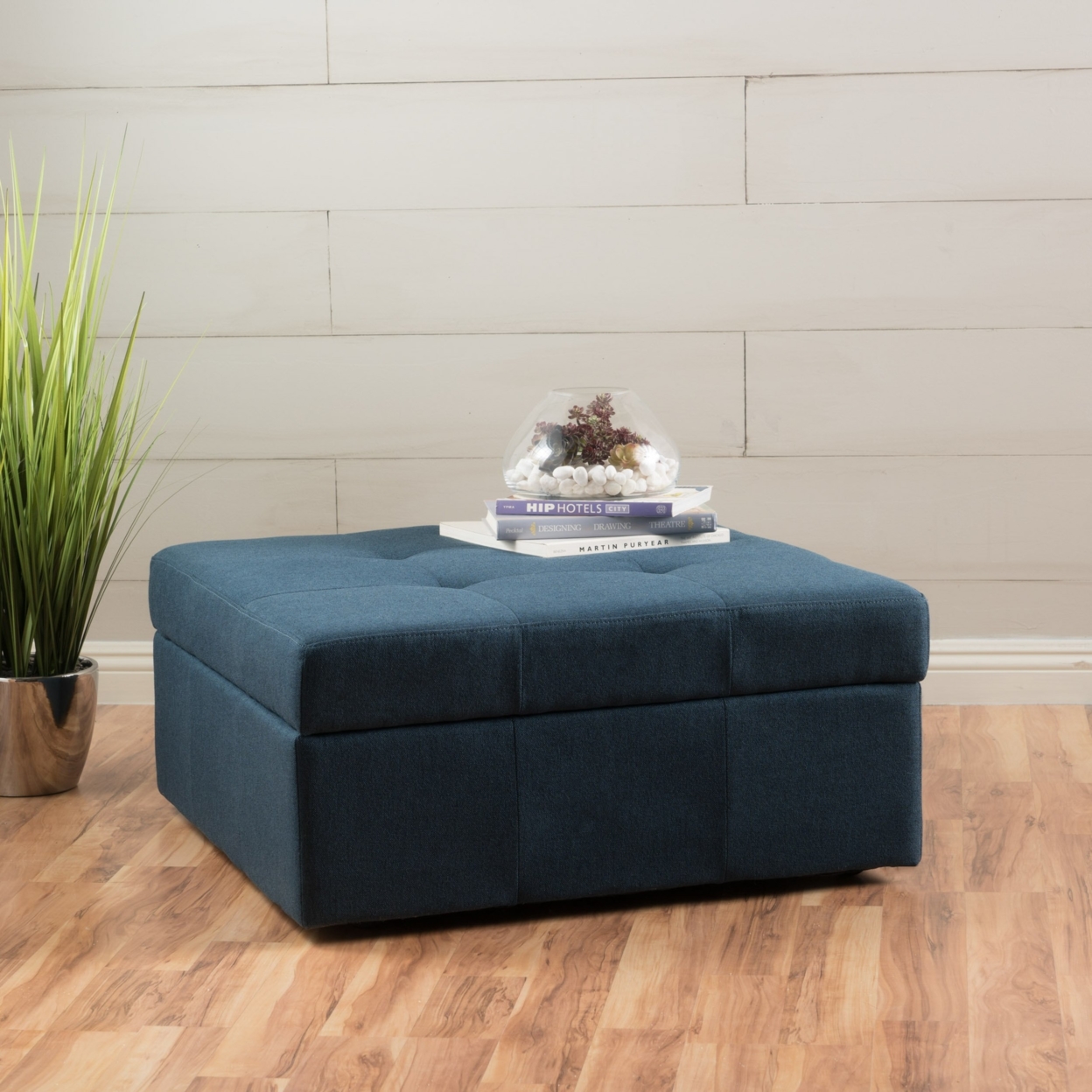 Channing Navy Blue Fabric Tufted Cover Storage Ottoman