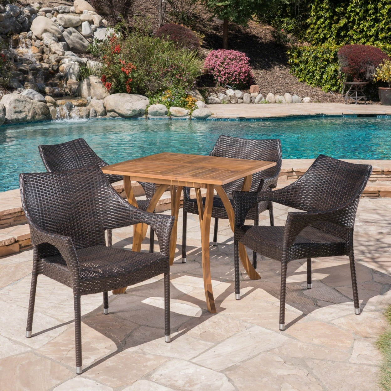 Colin Outdoor 5 Piece Acacia Wood/ Wicker Dining Set, Teak Finish And Multibrown