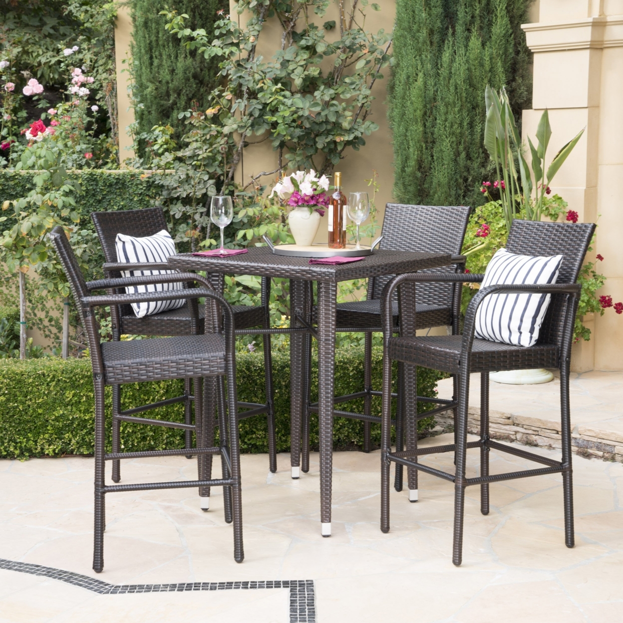 Colburn Outdoor 5 Piece Multi-brown Wicker Square Bar Table Set
