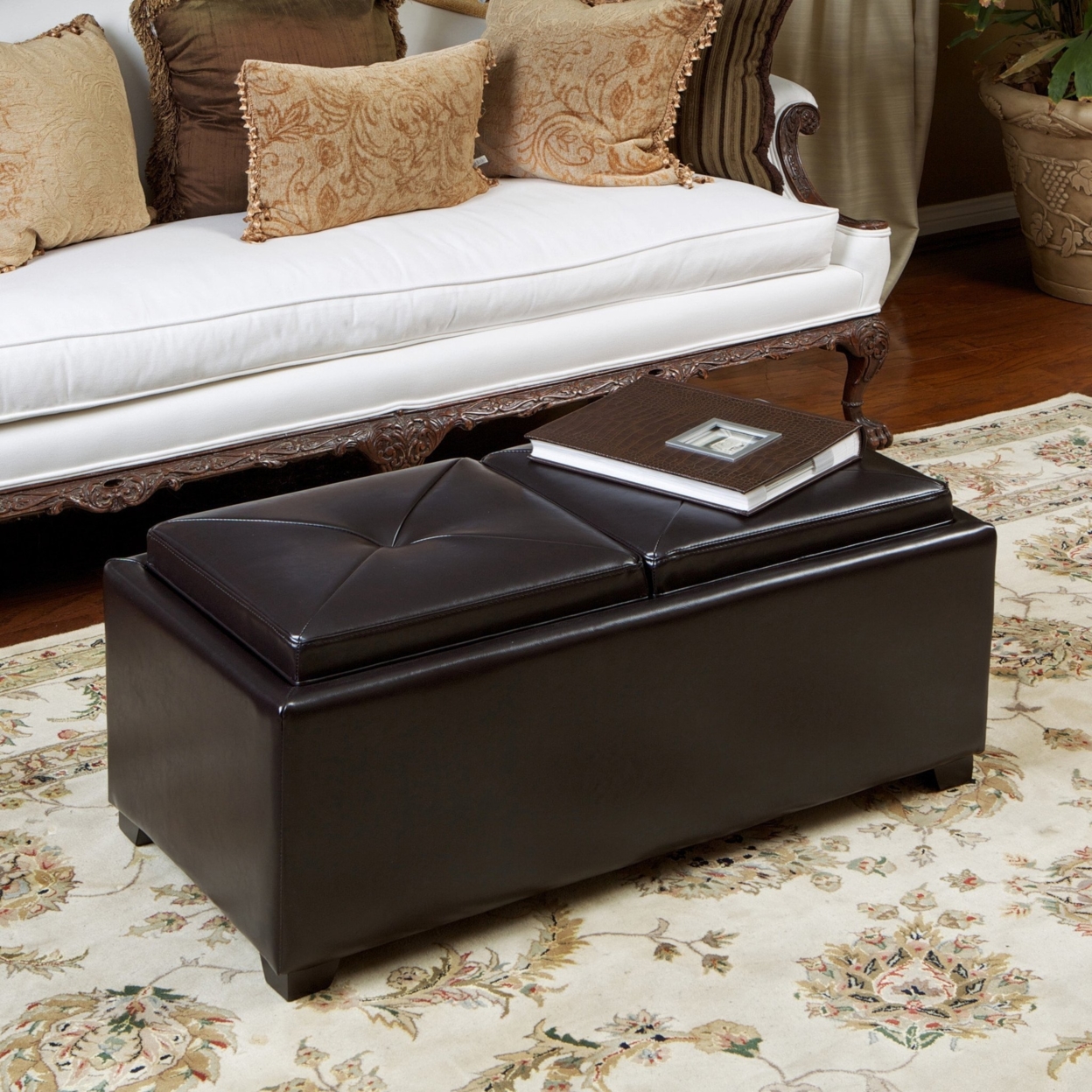Contemporary Bonded Leather Tray Top Storage Ottoman