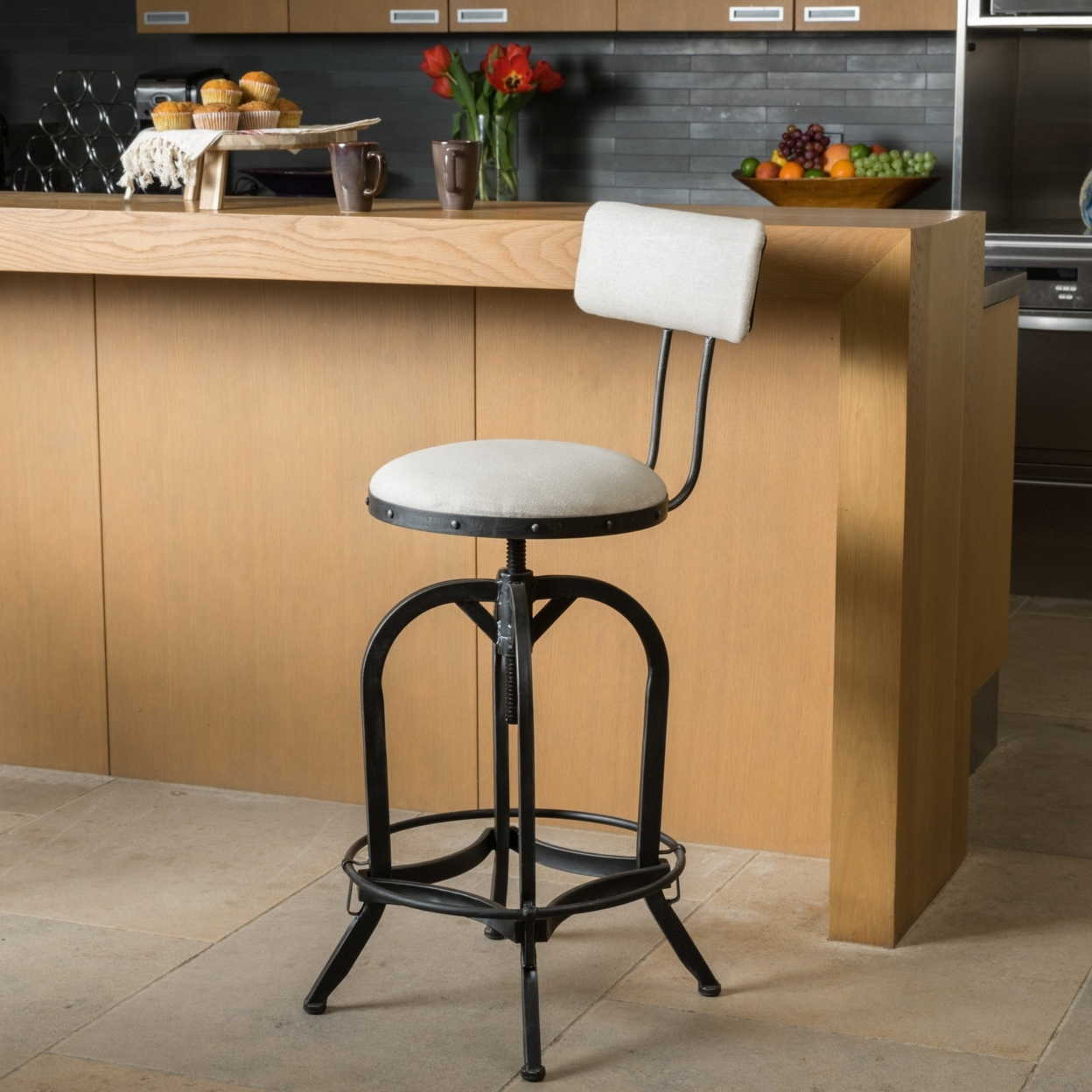 Contemporary Adjustable Fabric Off-White Swivel Barstool With Backrest