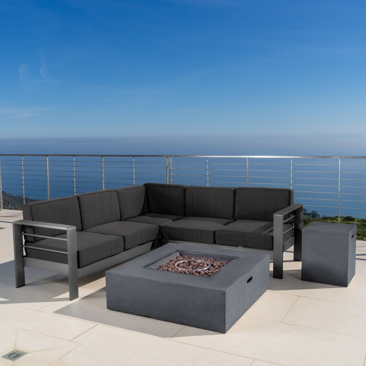 Coral Bay Outdoor Grey Aluminum 5 Piece V-Shape Sectional Sofa Set With Fire Table - Dark Grey