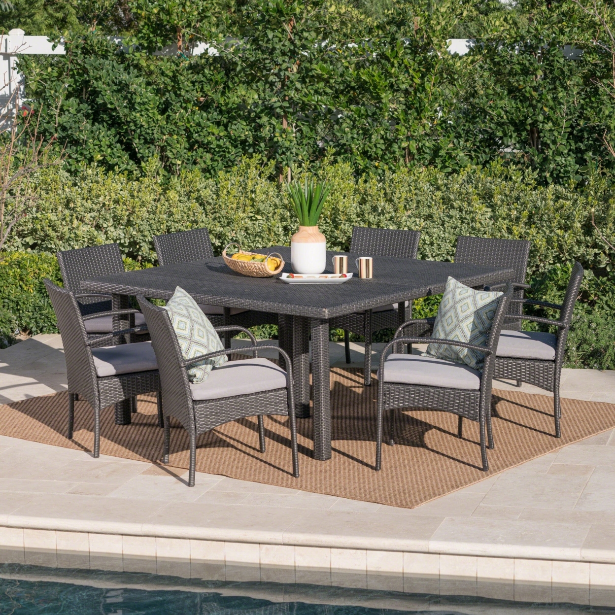 Coral Outdoor 9 Piece Wicker Dining Set With Water Resistant Cushions - Gray/gray