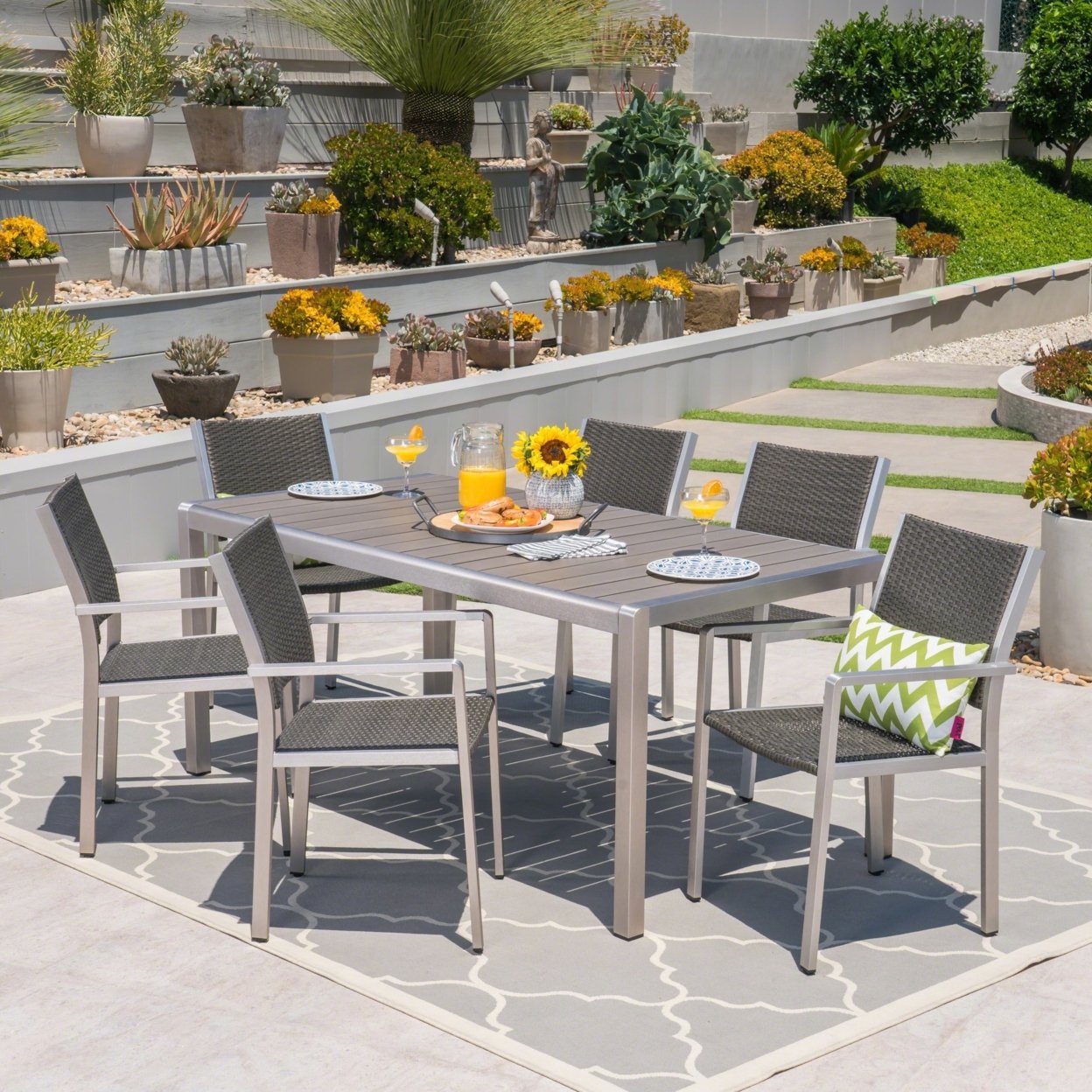 Coral Outdoor 7 Piece Aluminum And Wicker Dining Set With Faux Wood Table Top, Gray Finish