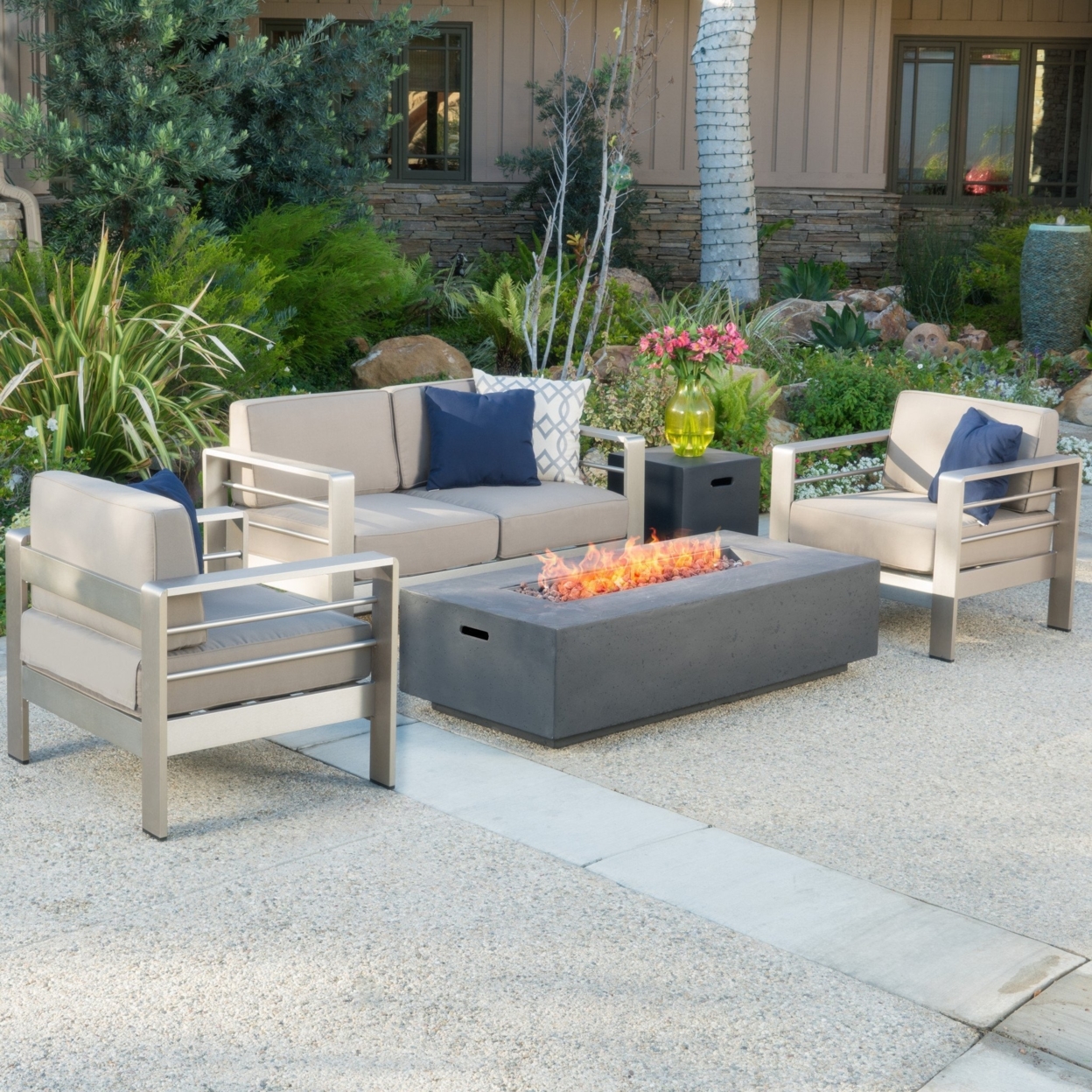 Crested Bay 5pc Outdoor Fire Table Sofa Set - Dark Grey