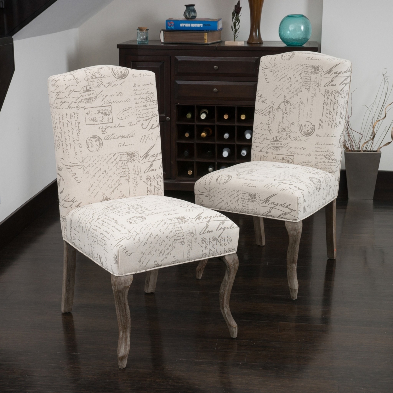 Crown Back French Script Beige Fabric Dining Chairs (Set Of 2)
