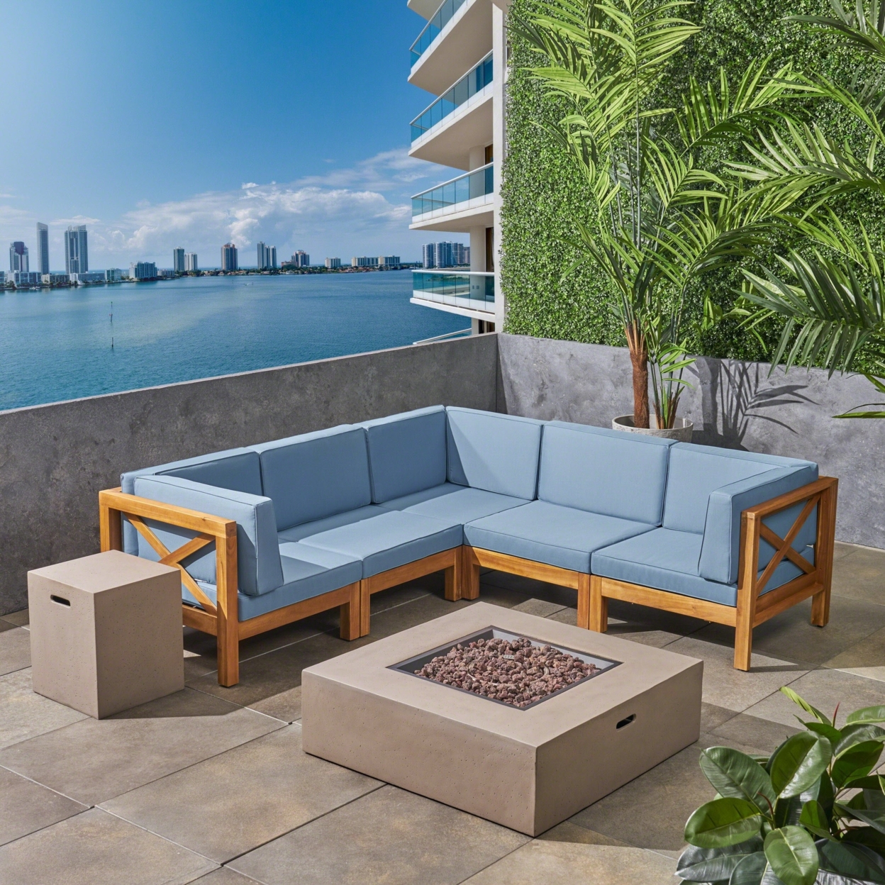 Cytheria Outdoor Acacia Wood 5 Seater Sectional Sofa Set With Fire Pit - Blue