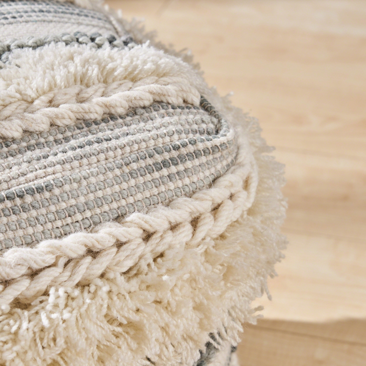 Curry Boho Wool Pouf, Ivory And Gray