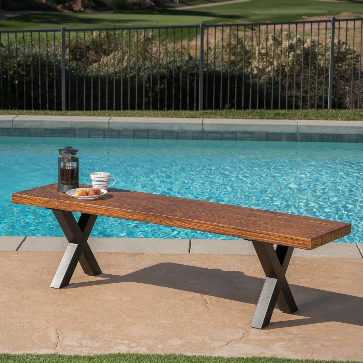 Cytheria Outdoor Brown Walnut Finish Lightweight Concrete Dining Bench
