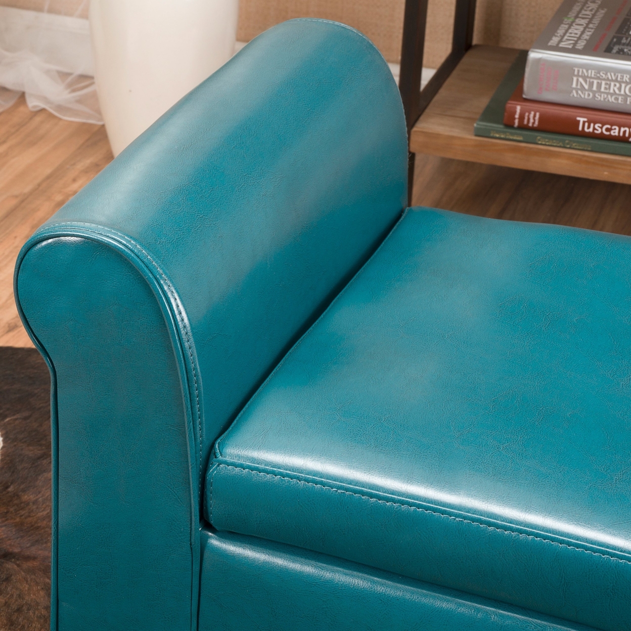 Danbury Teal Leather Armed Storage Ottoman Bench