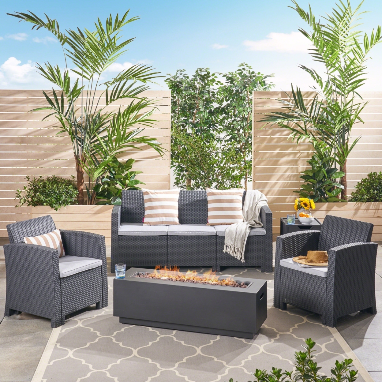 Dane Outdoor 5-Seater Wicker Print Chat Set With Fire Pit And Tank Holder, Charcoal With Light Gray And Dark Gray