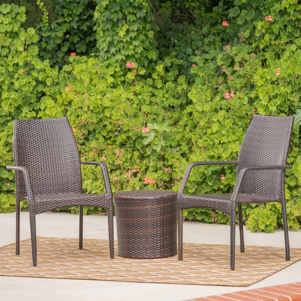 Dawson Outdoor 3 Piece Multi-brown Wicker Stacking Chair Chat Set - Skirted Hour Glass Table, Brown