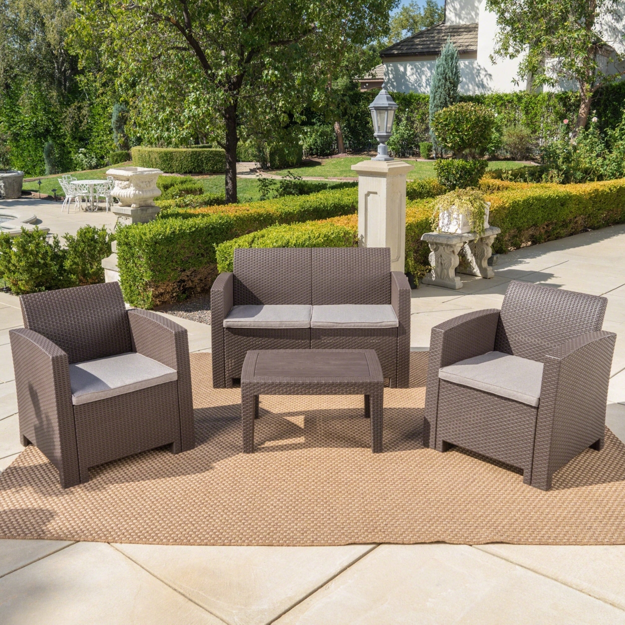 Dayton Outdoor 4 Piece Faux Wicker Rattan Chat Set With Water Resistant Cushions - Brown/Mix Beige