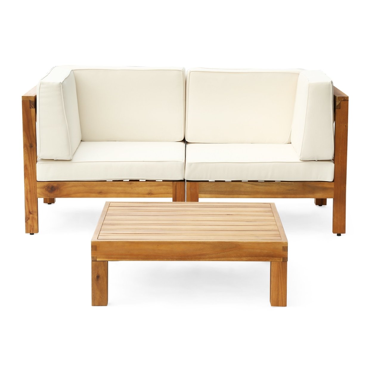 Dawson Outdoor Sectional Love Seat Set With Coffee Table - 3-Piece 2-Seater - Acacia Wood - Outdoor Cushions - Blue, Teak