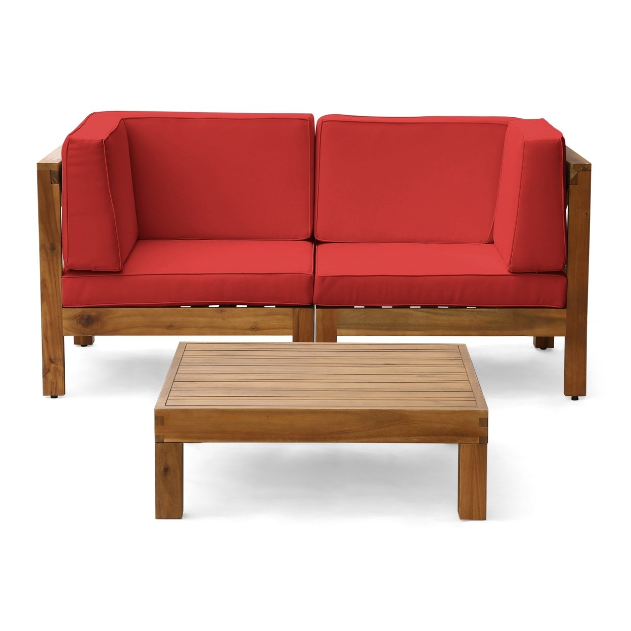 Dawson Outdoor Sectional Love Seat Set With Coffee Table - 3-Piece 2-Seater - Acacia Wood - Outdoor Cushions - Red, Teak