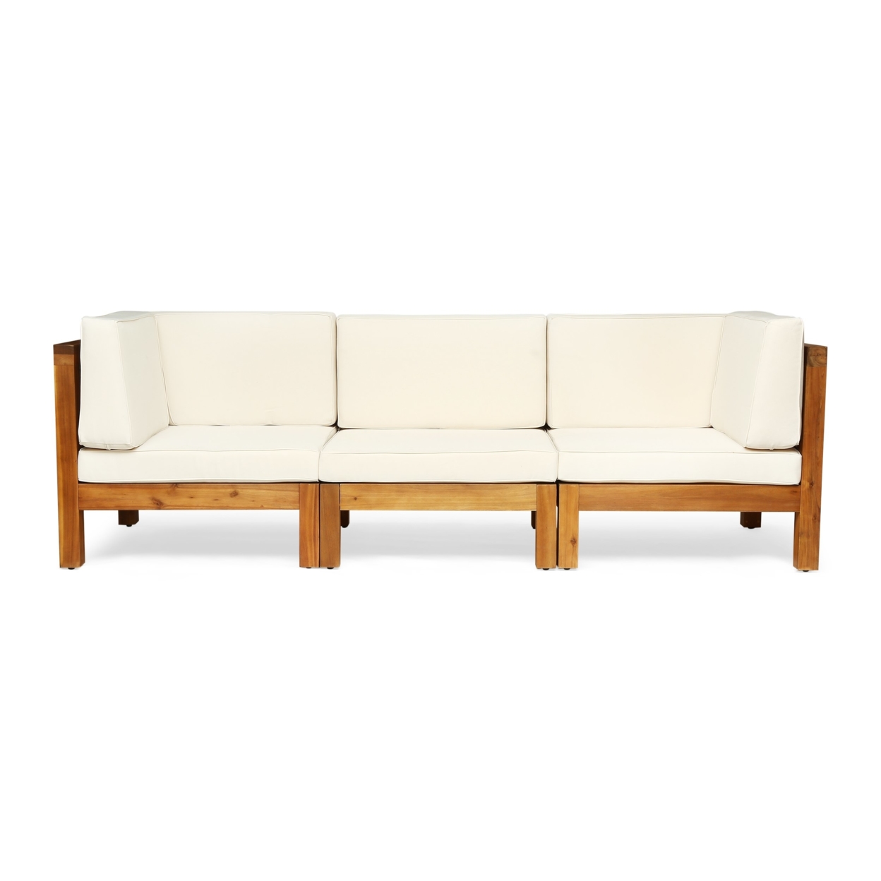Dawson Outdoor Sectional Sofa Set - 3-Seater - Acacia Wood - Outdoor Cushions - Dark Gray, Weathered Gray
