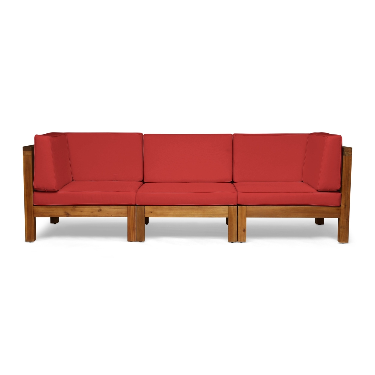 Dawson Outdoor Sectional Sofa Set - 3-Seater - Acacia Wood - Outdoor Cushions - Red, Teak
