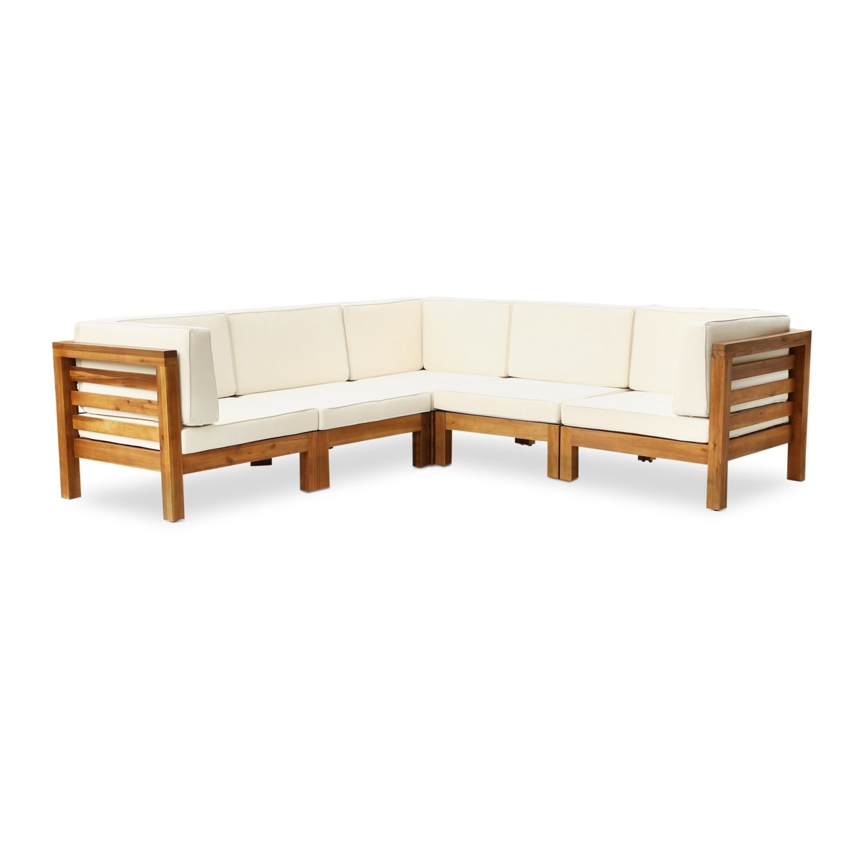 Dawson Outdoor V-Shaped Sectional Sofa Set - 5-Seater - Acacia Wood - Outdoor Cushions - Dark Gray, Weathered Gray