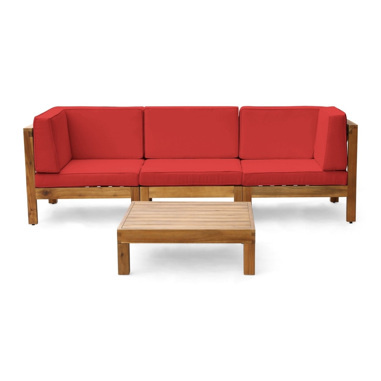 Dawson Outdoor Sectional Sofa Set With Coffee Table - 4-Piece 3-Seater - Acacia Wood - Outdoor Cushions - Red, Teak