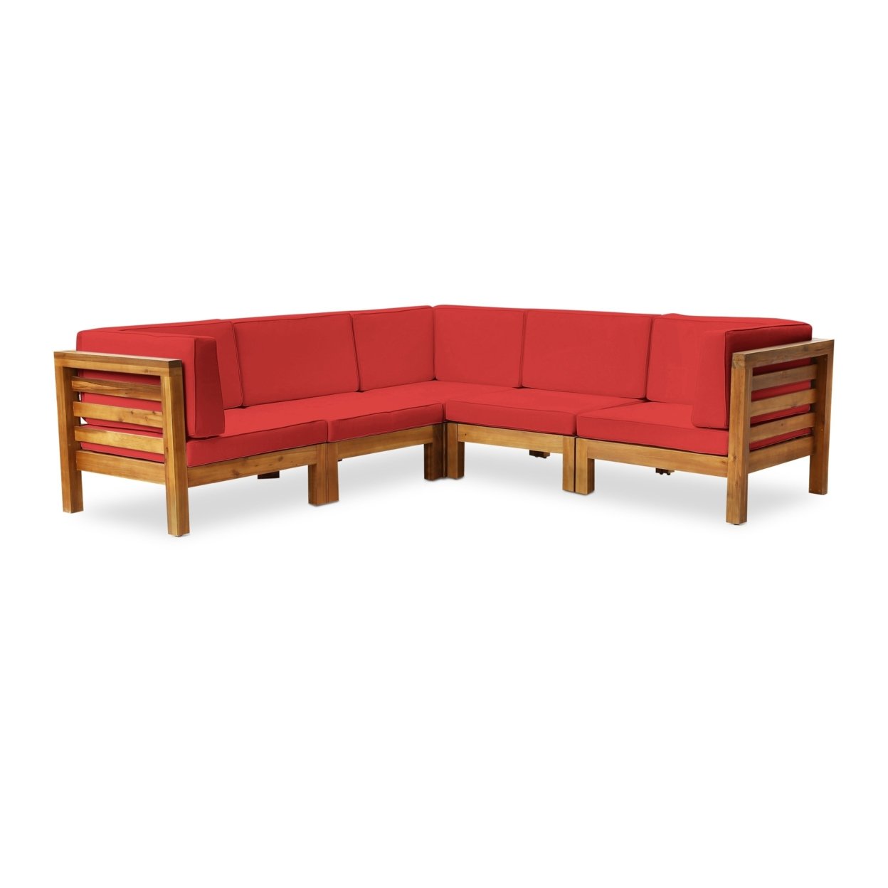 Dawson Outdoor V-Shaped Sectional Sofa Set - 5-Seater - Acacia Wood - Outdoor Cushions - Red, Teak