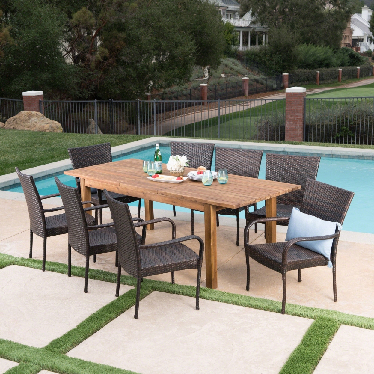 Delilah Outdoor 9 Piece Wicker Dining Set With Wood Expandable Dining Table