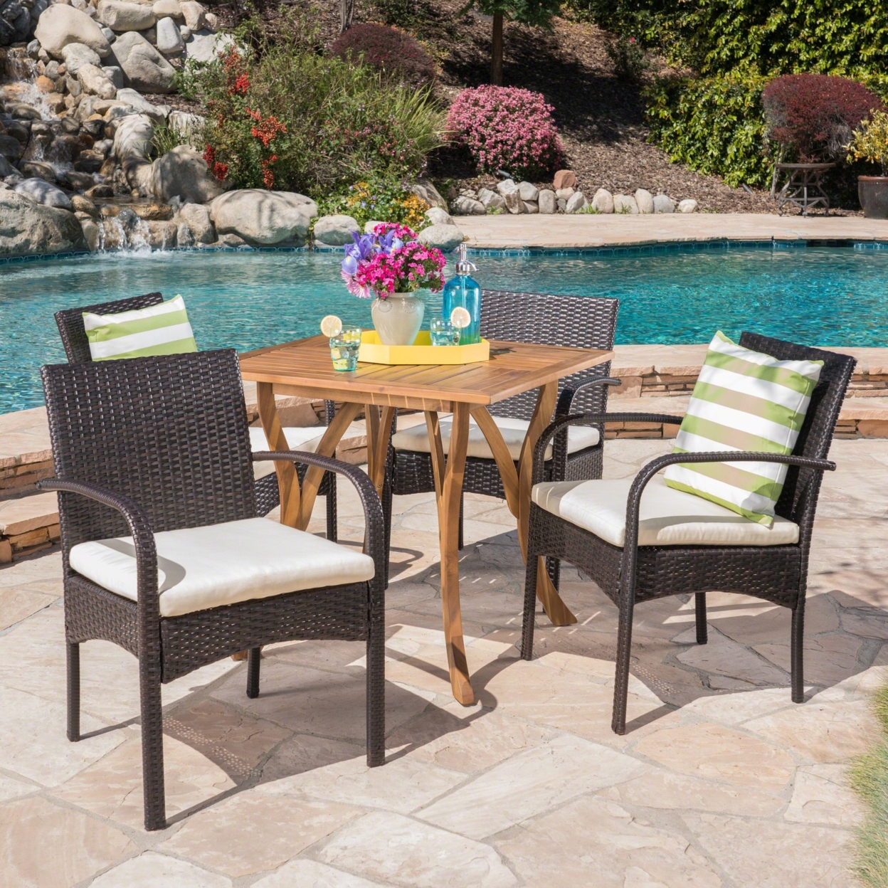 Derek Outdoor 5 Piece Acacia Wood/ Wicker Dining Set With Cushions, Teak Finish And Multibrown With CrÌ¬me
