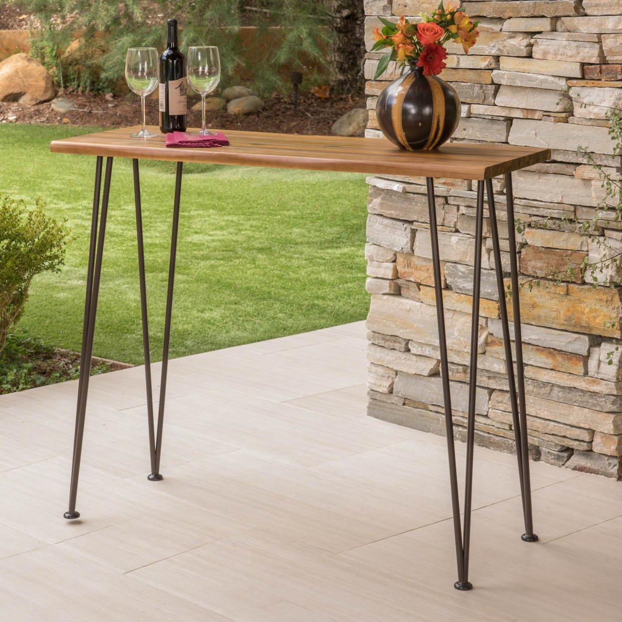Dione Outdoor Rustic Industrial Acacia Wood Bar Table With Metal Hairpin Legs