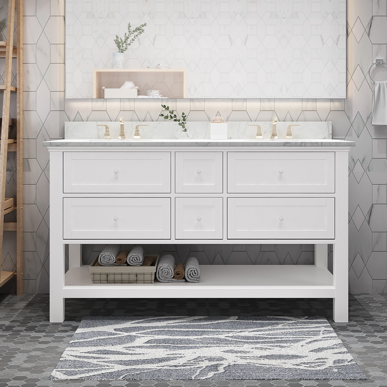 Douvier Contemporary 60 Wood Double Sink Bathroom Vanity With Marble Counter Top With Carrara White Marble - White