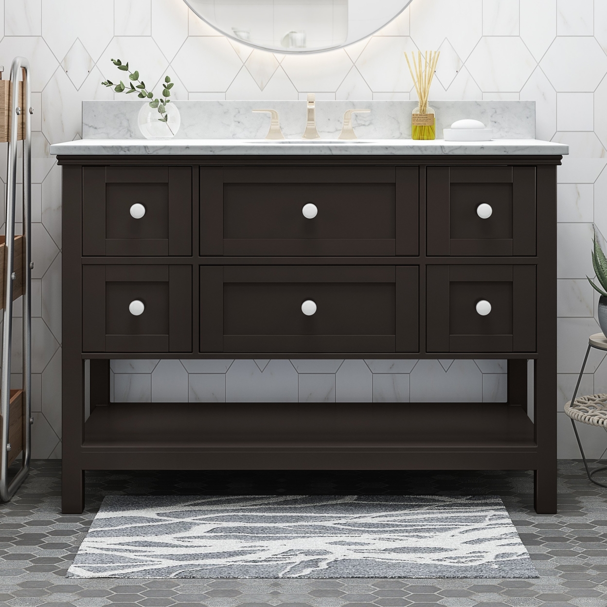 Douvier Contemporary 48 Wood Single Sink Bathroom Vanity With Marble Counter Top With Carrara White Marble - Brown
