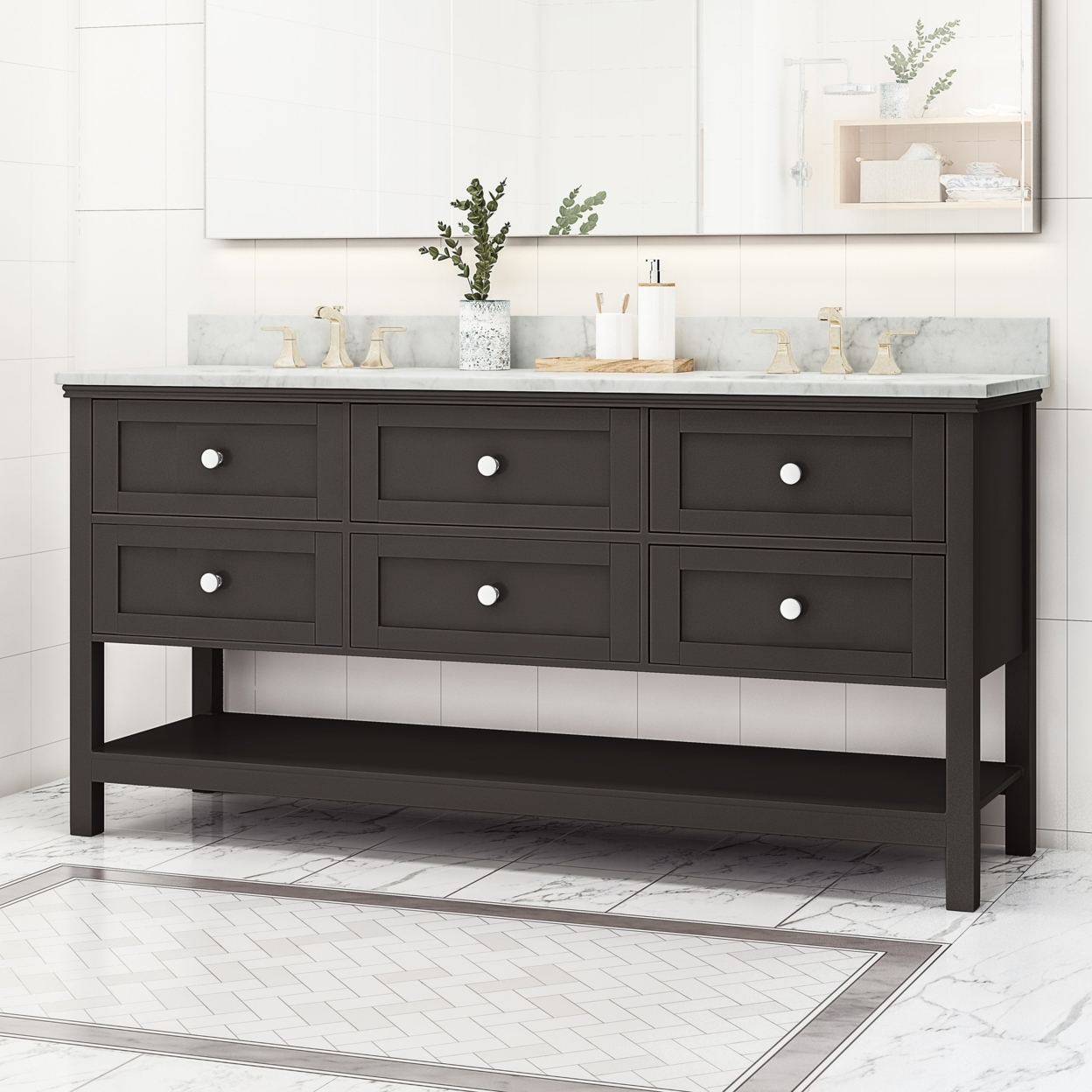 Douvier Contemporary 72 Wood Double Sink Bathroom Vanity With Marble Counter Top With Carrara White Marble - Gray