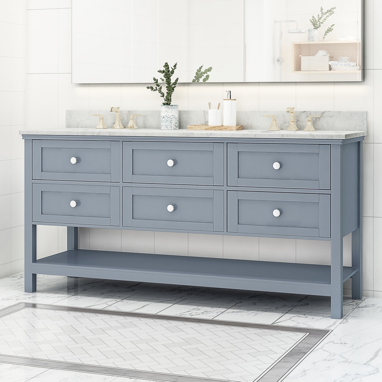 Douvier Contemporary 72 Wood Double Sink Bathroom Vanity With Marble Counter Top With Carrara White Marble - Gray