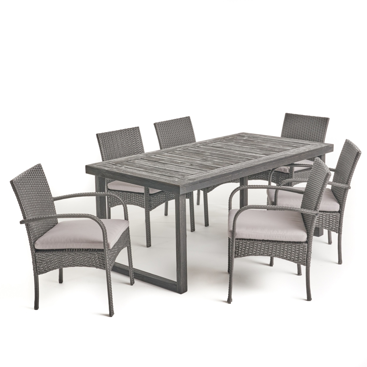 Doris Outdoor 6-Seater Acacia Wood Dining Set With Wicker Chairs, Sandblast Dark Gray Finish And Gray