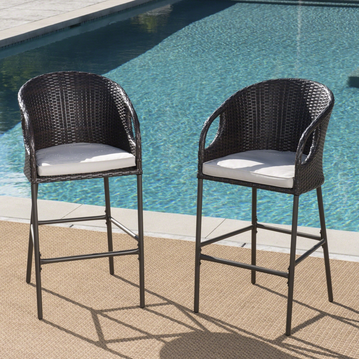 Dunlevy 31-Inch Outdoor Wicker Barstools With Water Resistant Cushions - Wicker, Set Of 2