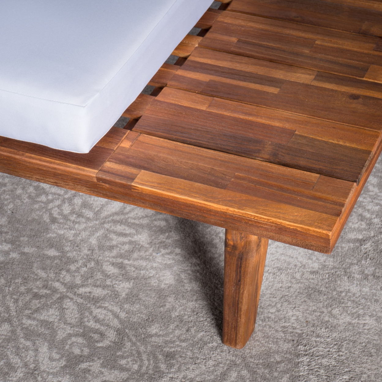Ellison Indoor Minimalist V Shaped 4 Piece Sandblast Finished Acacia Wood Sectional Sofa Set With White Cushions