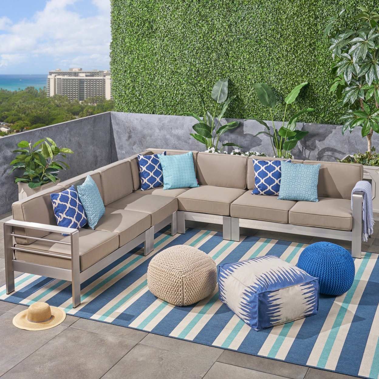 Emily Coral Outdoor 7-Seater Aluminum Sectional Sofa Set, Silver And Khaki
