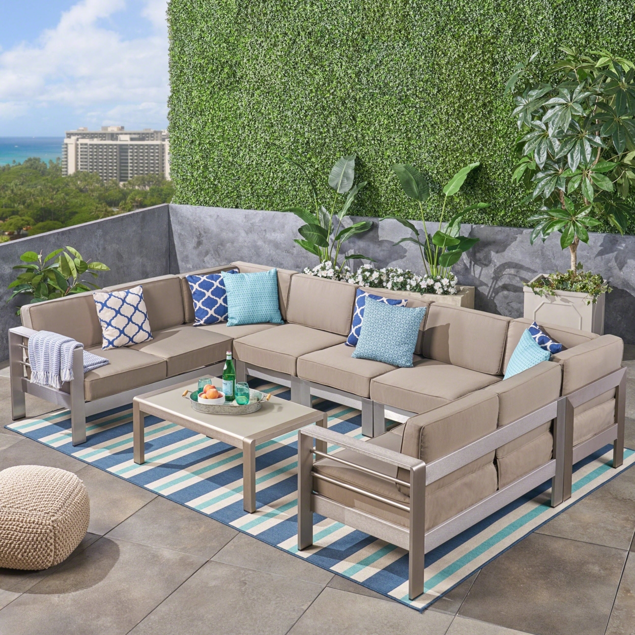 Emily Coral Outdoor 9-Seater Aluminum Sectional Sofa Set With Coffee Table, Silver And Khaki