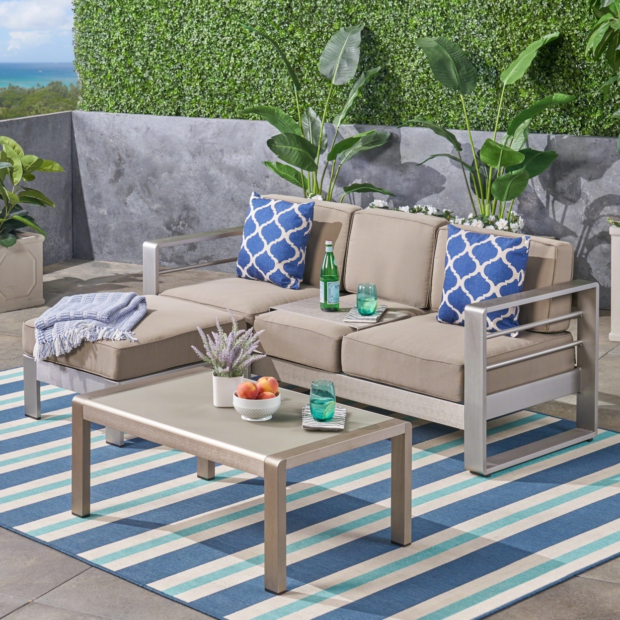 Emily Coral Outdoor Aluminum 3-Seater Sofa Set With Coffee Table And Ottman, Silver And Khaki