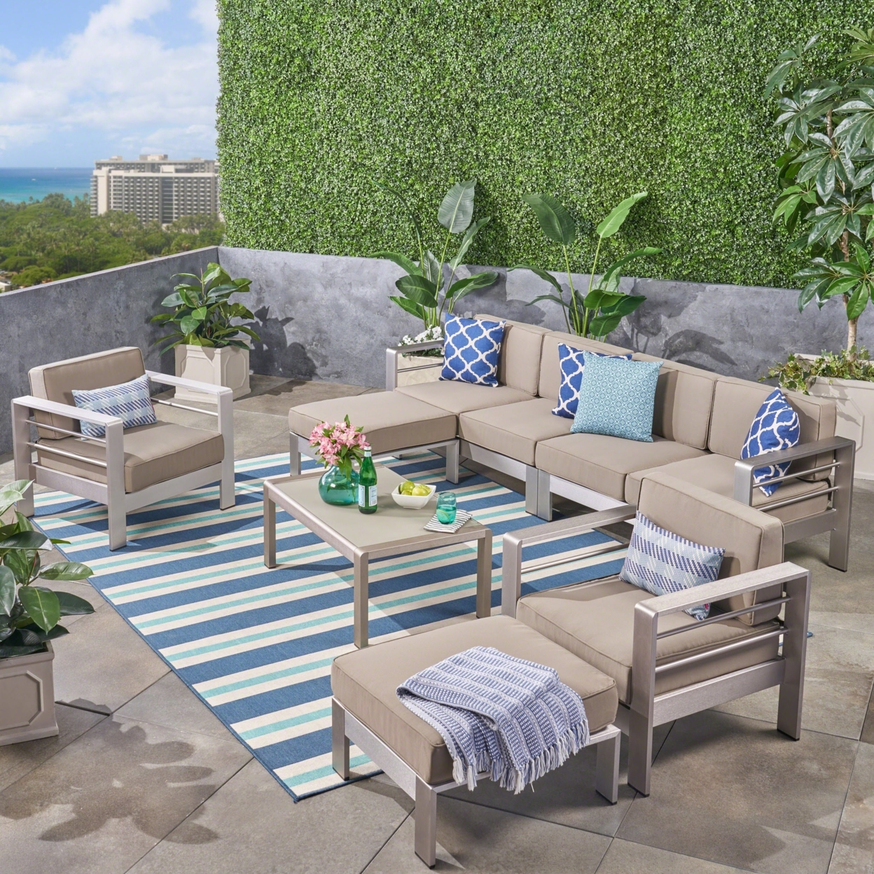 Emily Coral Outdoor Aluminum 6-Seater Sectional Sofa Set With Ottomans And Coffee Table, Silver And Khaki