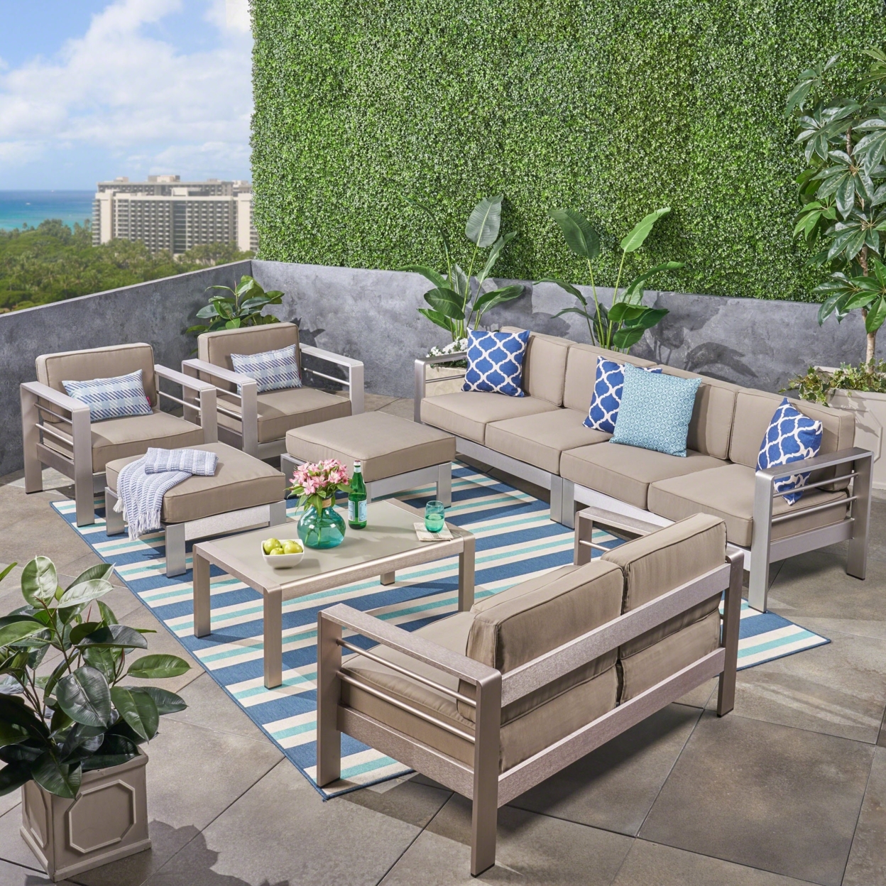 Emily Coral Outdoor Aluminum 8-Seater Sectional Sofa Set With Coffee Table And Ottomans, Silver And Khaki