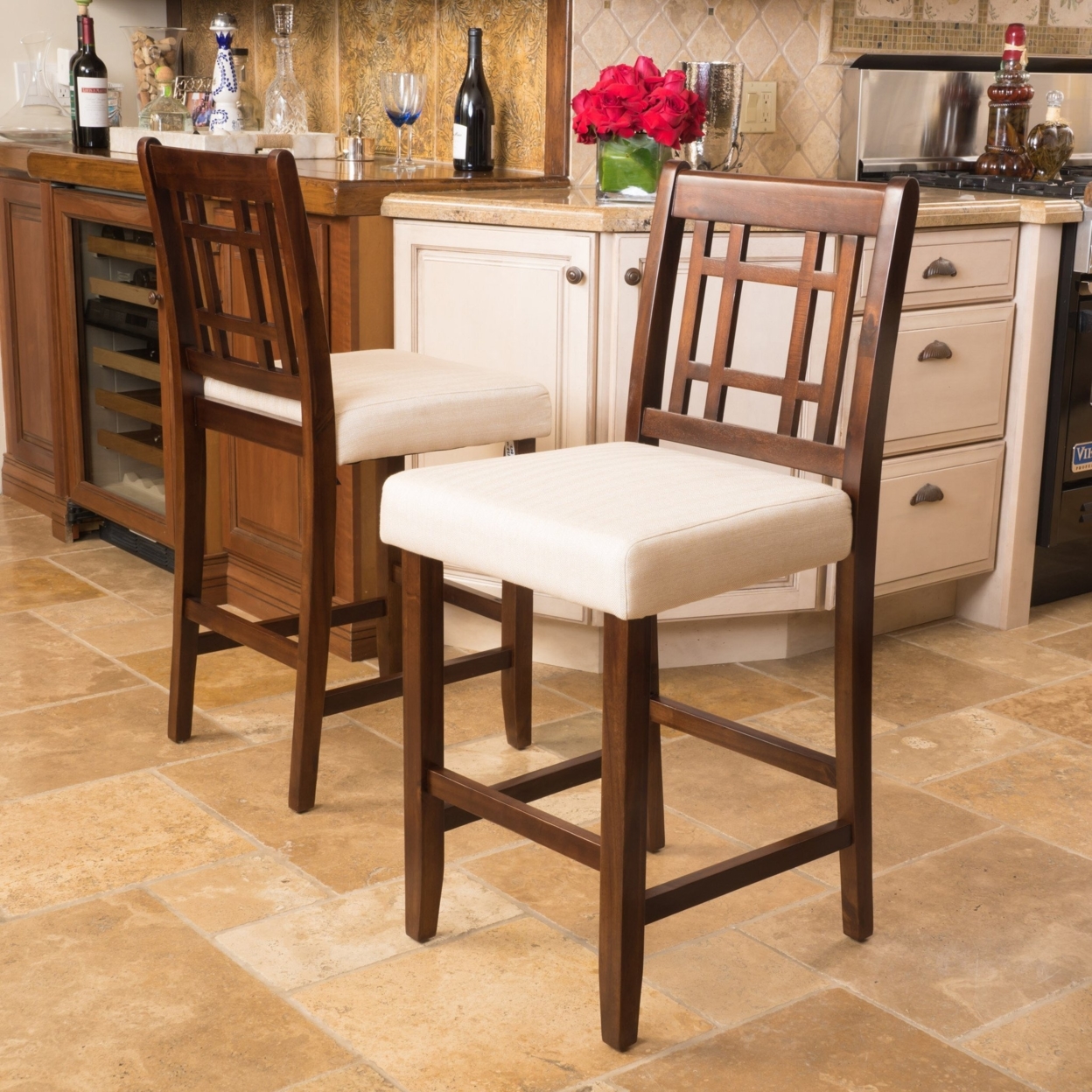 Etodens 26-Inch Brown Mahogany Acacia Counterstool With Beige Cushion (Set Of 2)
