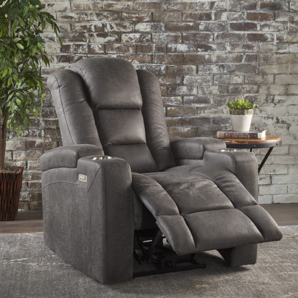 Everette Tufted Slate Microfiber Power Recliner With Arm Storage And USB Cord