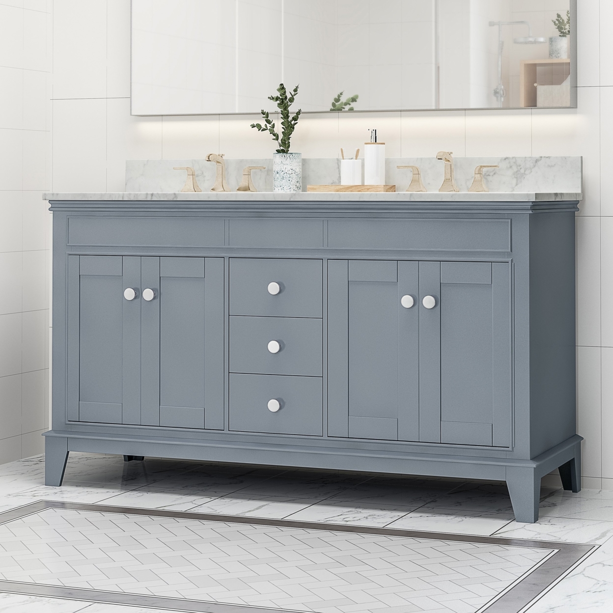 Feldspar Contemporary 60 Wood Double Sink Bathroom Vanity With Marble Counter Top With Carrara White Marble - Gray