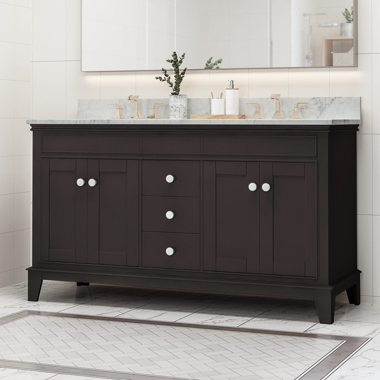 Feldspar Contemporary 60 Wood Double Sink Bathroom Vanity With Marble Counter Top With Carrara White Marble - White